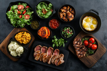 Top View of Fresh Salad with Greens, Vegetables, and Meat on Black Background