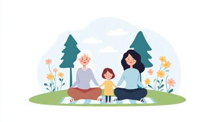 Fototapeta premium Happy family with children enjoying a picnic in the park surrounded by nature and colorful flowers during daytime