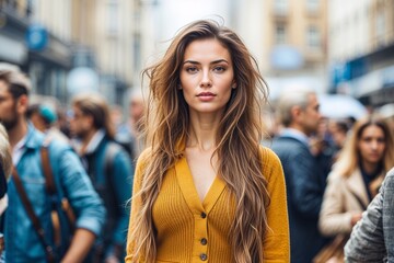 Fototapeta premium Confident woman standing out in a busy urban crowd on a city street