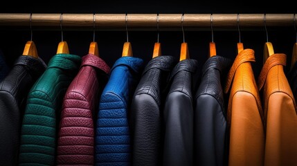 Colorful leather jackets hanging in a dark closet. Fashion, retail, style concept
