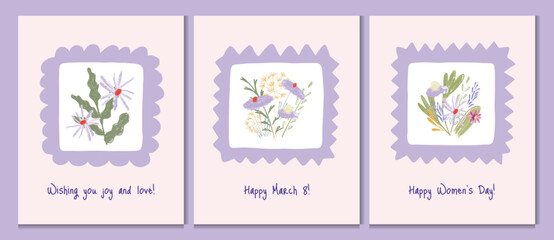 Vector Flat Illustration Collection Floral Greeting Cards with Handwritten Wishes. Botanical Blooming Design Elements for Women s Day, Mother s Day. Decorative Template for Poster, Invitation, Postcar