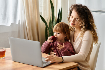 Mother and daughter share a delightful moment at home, engrossed in playful learning.