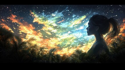 In the vibrant expanse of a starlit night sky, whispers of chaos intertwine with the silhouette of a young woman, gracefully framed by lush, green foliage