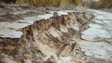 Significant erosion has caused the road surface to crack, exposing layers of soil and rock beneath