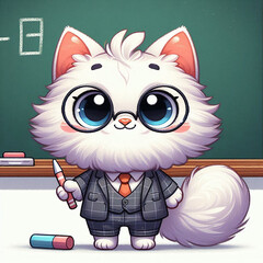 Playful Cartoon Cat Teacher with Glasses and Tail Curled Happily