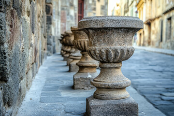 Row of weathered stone planters adorns an ancient cobblestone street in a historic town. The tranquility of early morning casts soft shadows against the aged buildings