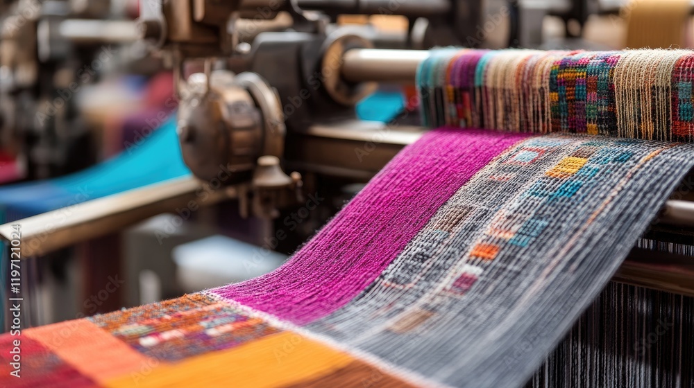 Poster a high-detail view of textile weaving machines in a modern textile mill, focused on the process of f