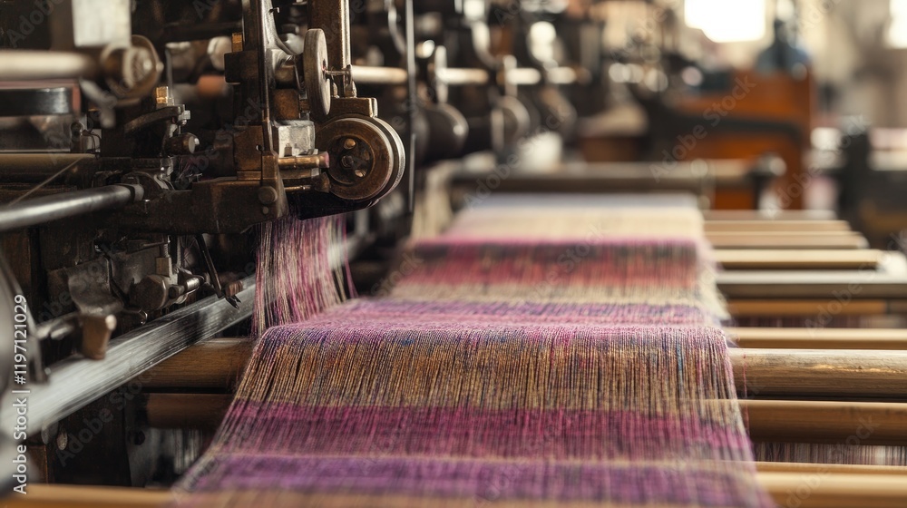 Poster a high-detail view of textile weaving machines in a modern textile mill, focused on the process of f