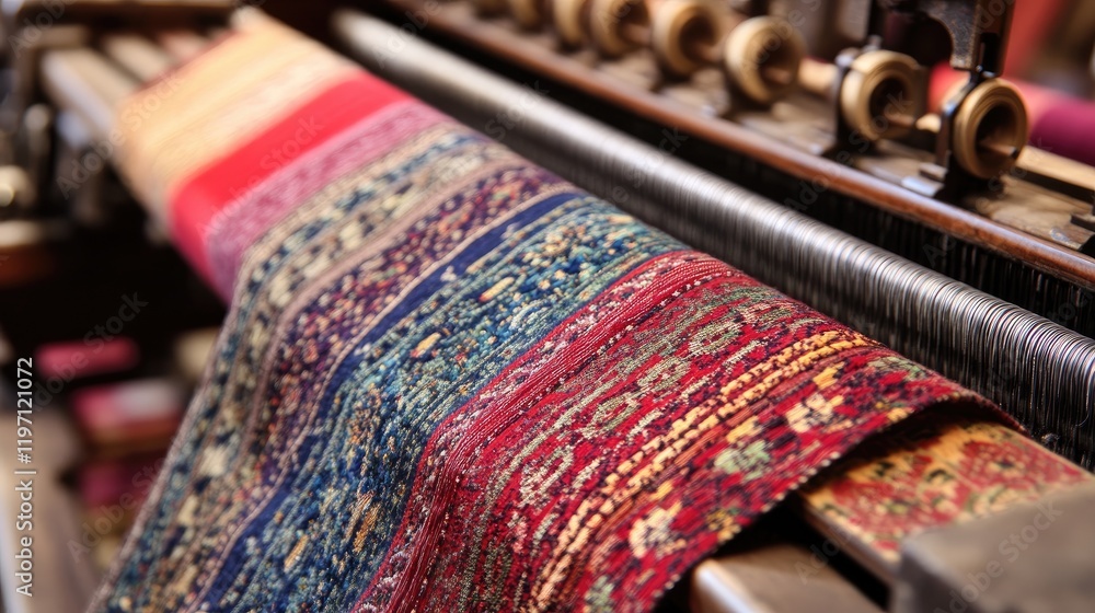 Poster a high-detail view of textile weaving machines in a modern textile mill, focused on the process of f
