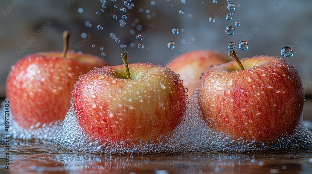 Poster juicy red apples submerged in sparkling water, creating a refreshing and vibrant image perfect for h