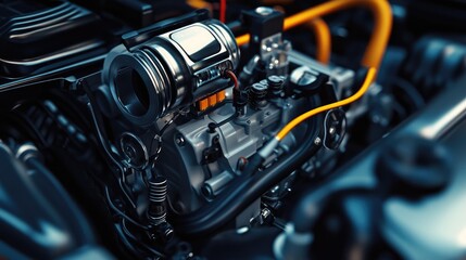 Fototapeta premium A high-tech electric car engine with a close-up view of wiring and components, emphasizing modern innovation and the shift towards electric automotive solutions