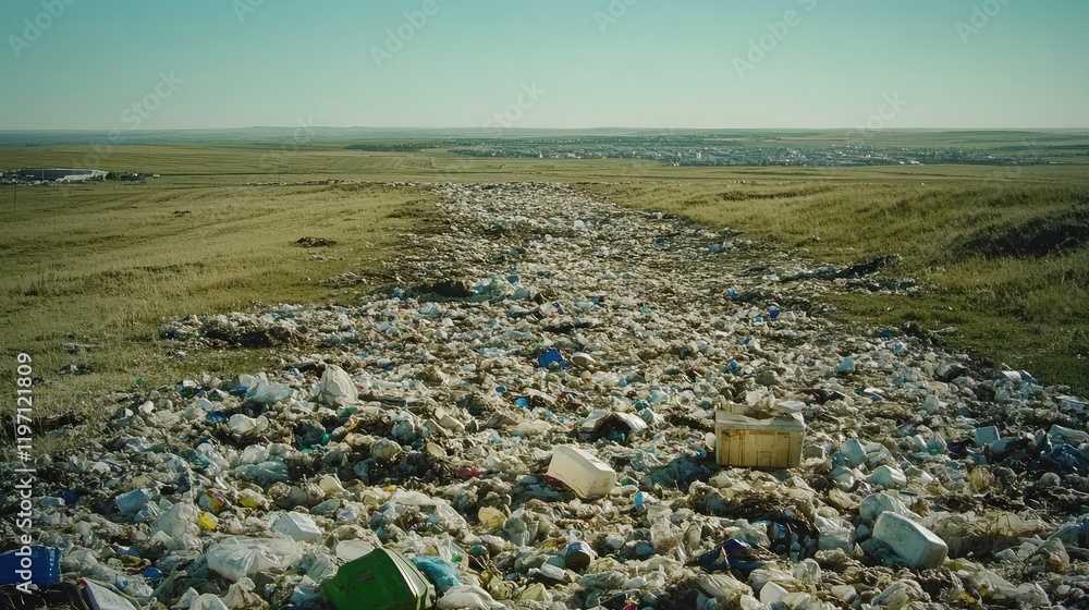 Poster A large landfill site extending into the distance, highlighting the environmental concerns caused by increasing consumer waste, under a clear sky with a focus on the scale of the issue