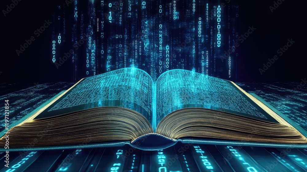 Poster a law book morphing into a modern digital screen, with binary code flowing, illustrating the future 