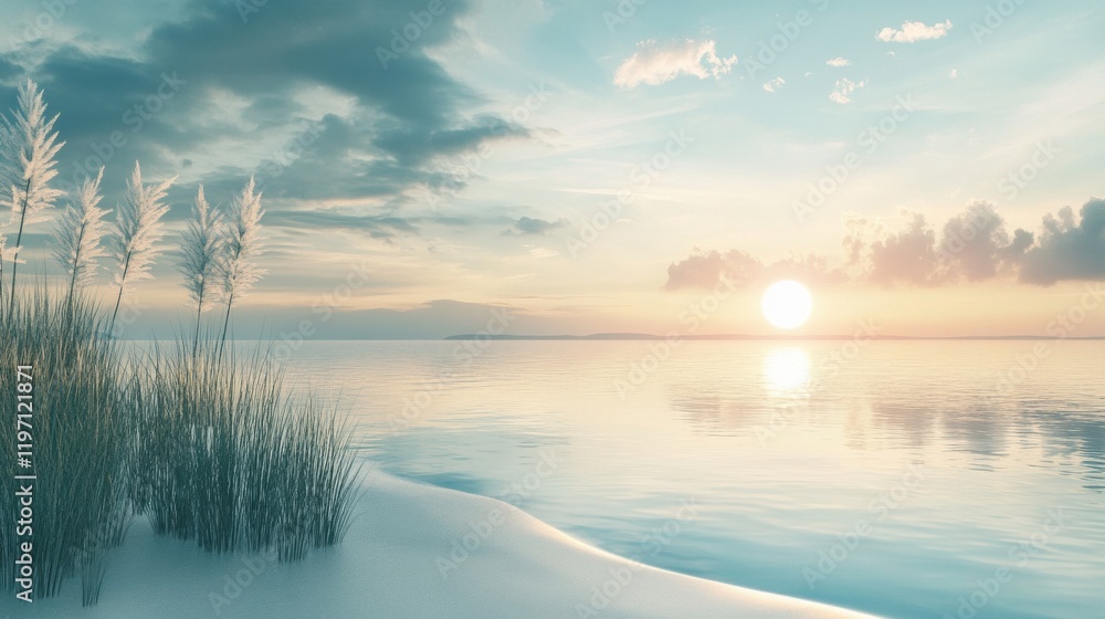 Poster Serene sunset over calm waters with grass silhouetted in the foreground and a peaceful atmosphere in the background. Generative AI