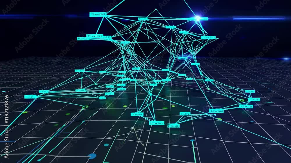 Poster exploring futuristic digital networks with dynamic blue lines and nodes in a 3d space