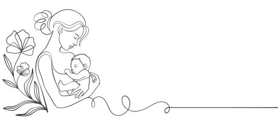 Mother and baby line art vector illustration, mothers day celebration background