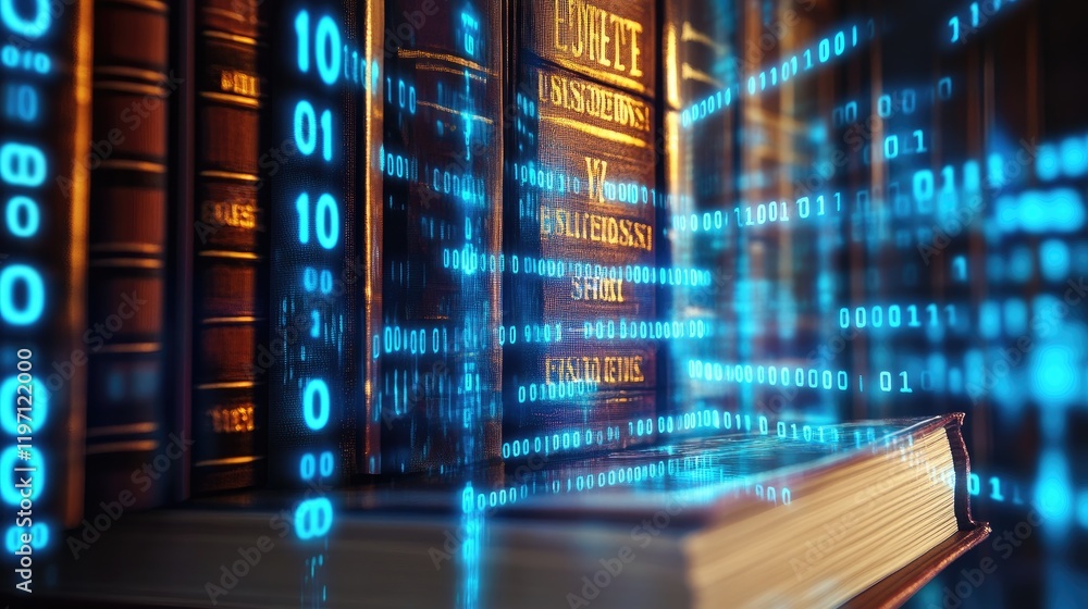 Poster A law book transitioning into a digital display, with flowing binary code, representing the shift from traditional legal texts to digital formats in modern law practice