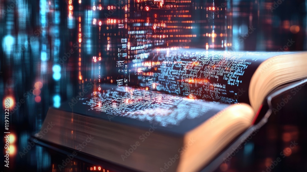 Poster A law book transitioning into a digital display, with flowing binary code, representing the shift from traditional legal texts to digital formats in modern law practice