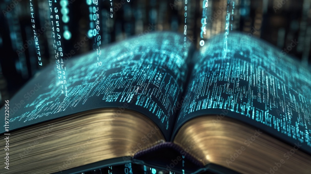 Poster A law book transitioning into a digital display, with flowing binary code, representing the shift from traditional legal texts to digital formats in modern law practice