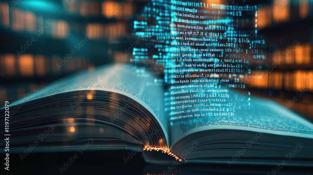 Poster A law book transitioning into a digital display, with flowing binary code, representing the shift from traditional legal texts to digital formats in modern law practice