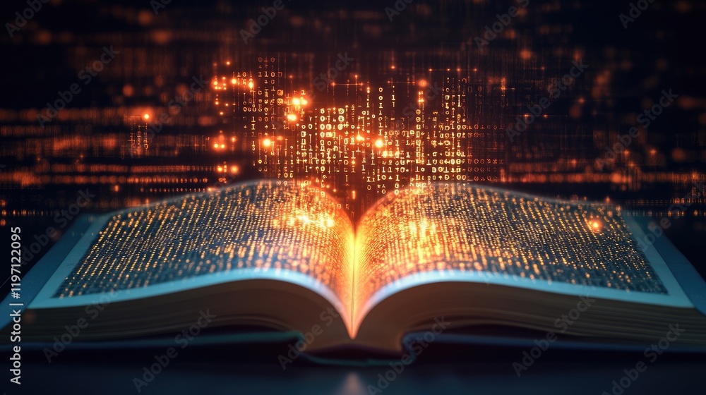 Poster a law book turning into a glowing digital screen, with binary code emerging, reflecting the ongoing 
