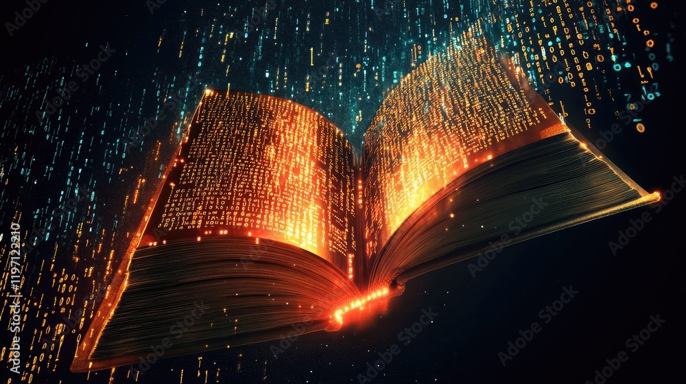 Poster a law book turning into a glowing digital screen, with binary code emerging, reflecting the ongoing 