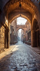 Obraz premium Ancient Charm Sunlight Illuminates Empty Street in Historic Khan el Khalili Market, Cairo, Egypt