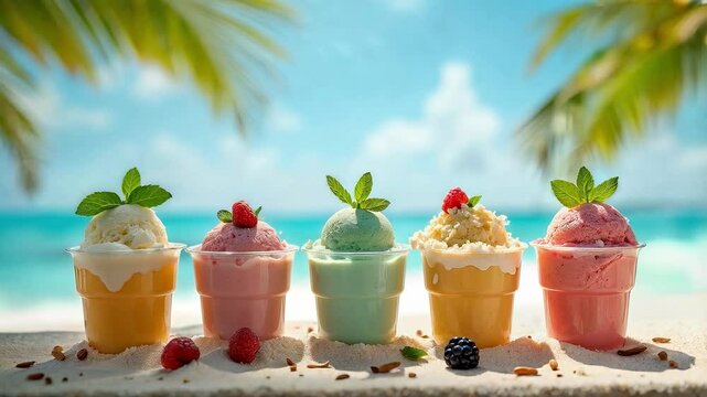 Helados artesanales en vasos de colores sobre la arena con fondo tropical