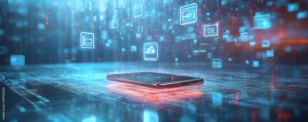 Poster Futuristic cloud storage with a smartphone and floating holographic icons of files, data, and security shields symbolizing secure digital storage