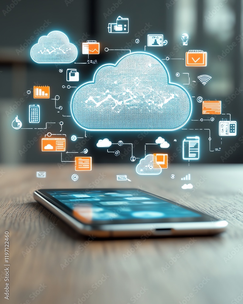Aufkleber holographic cloud storage concept with floating digital icons around a smartphone, showcasing data m