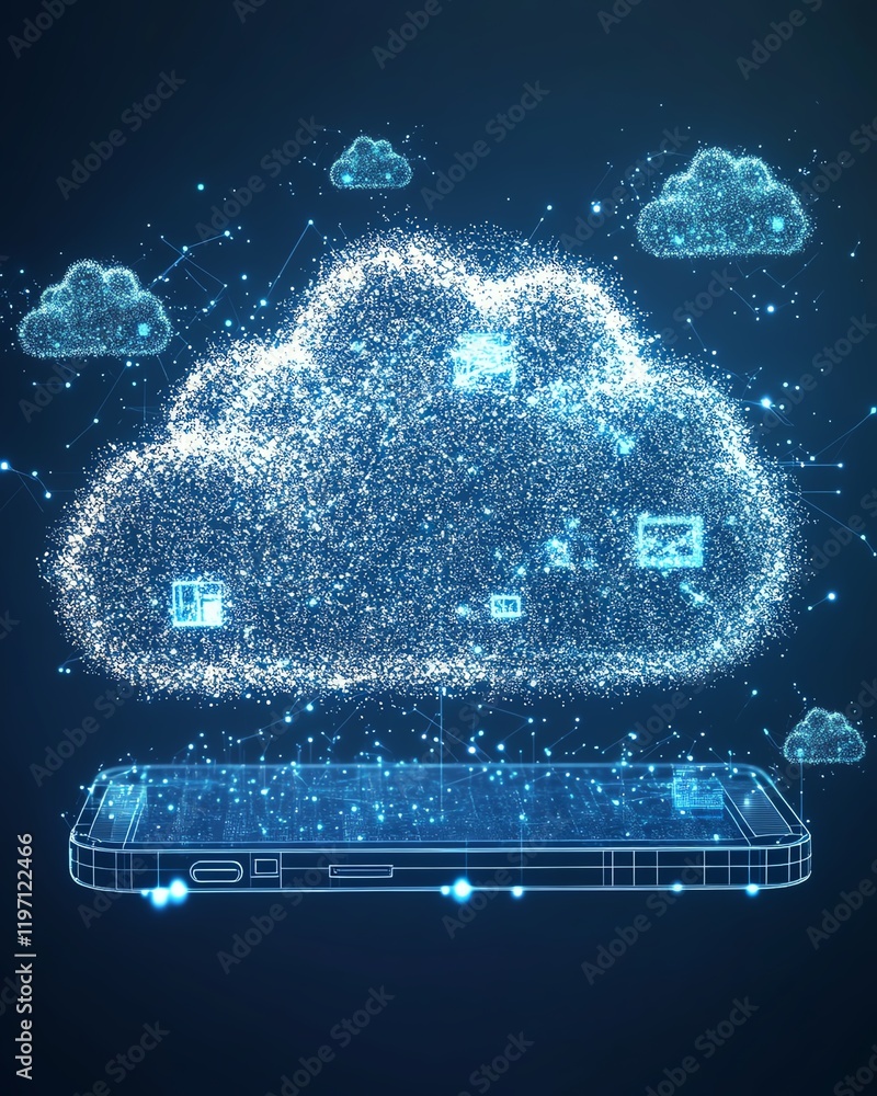 Aufkleber holographic cloud storage concept with floating digital icons around a smartphone, showcasing data m
