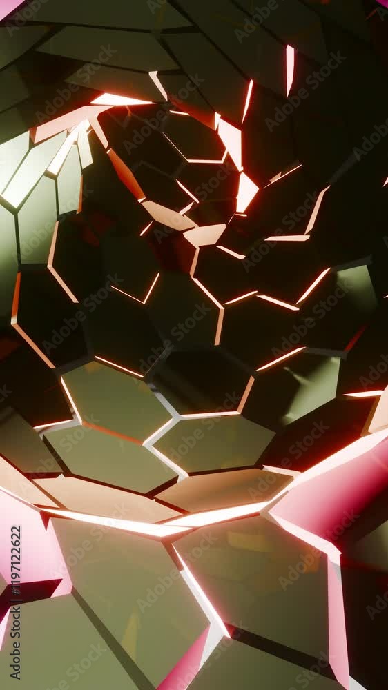 Poster neon lights illuminating abstract hexagonal tunnel