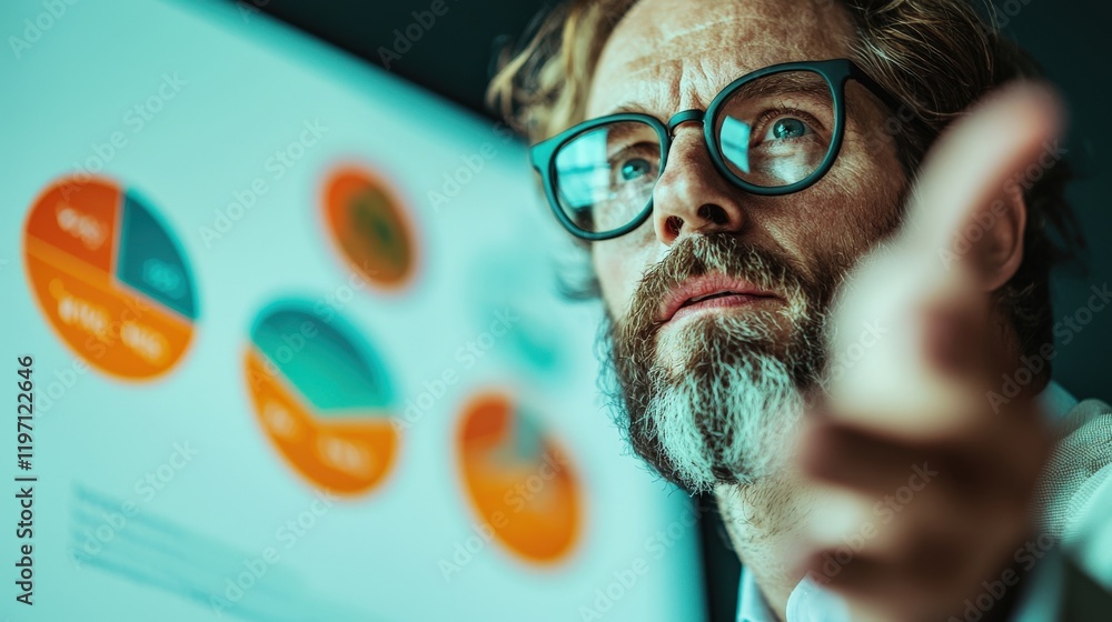 Poster professional man analyzing data charts with serious expression in modern office setting during busin