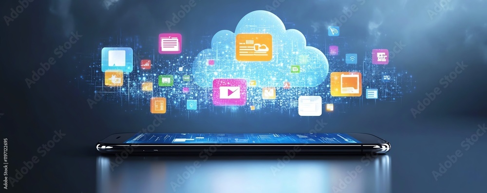 Poster Modern digital cloud storage scene with a smartphone and hovering icons of files, applications, and realtime data transfer in a virtual interface