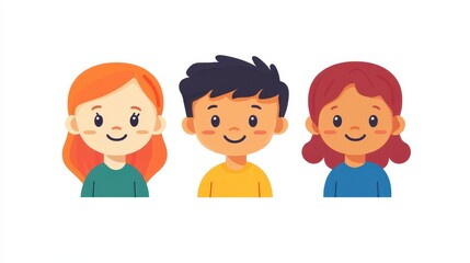 Kids smiling together in a cheerful vector graphic illustration on a clean white background showcasing diverse hairstyles and friendly expressions