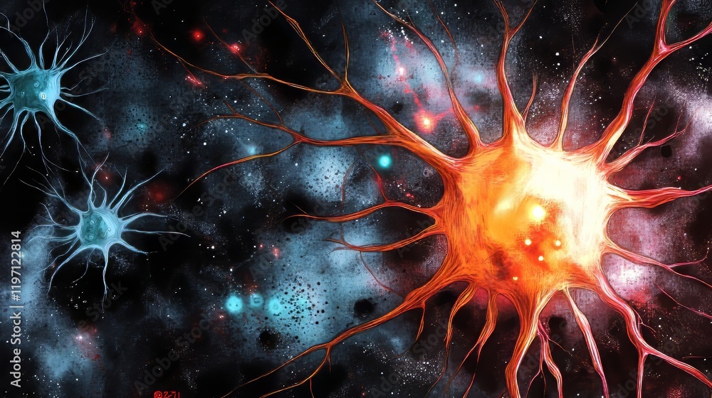 Poster artistic representation of neural network, connections, synapses and neuron cells, ai