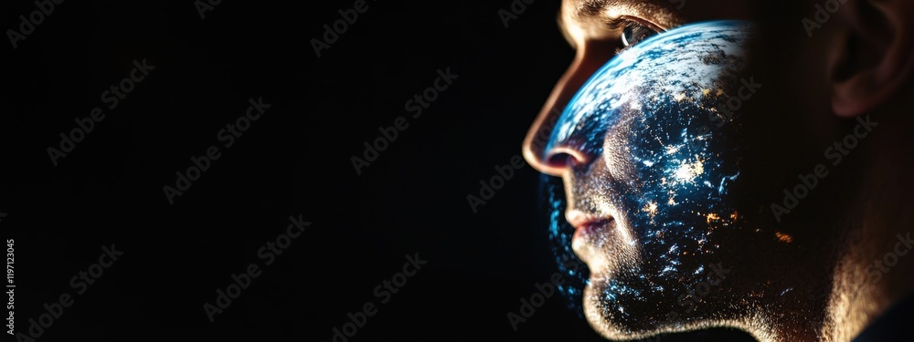 Poster man's profile with earth projection on face symbolizing global awareness and connection to nature in