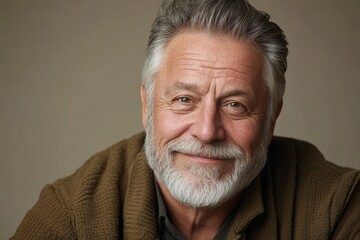 Obraz premium Smiling elderly man with gray beard wearing a warm sweater against neutral background