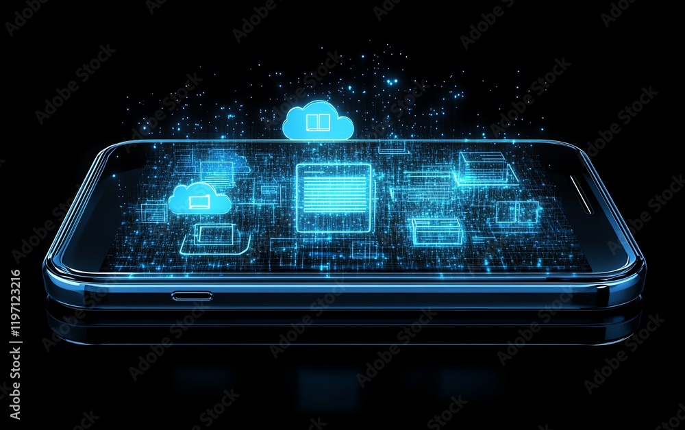 Poster Smartphone with a cloud storage interface, featuring holographic icons representing digital files, cloud databases, and data transfer lines