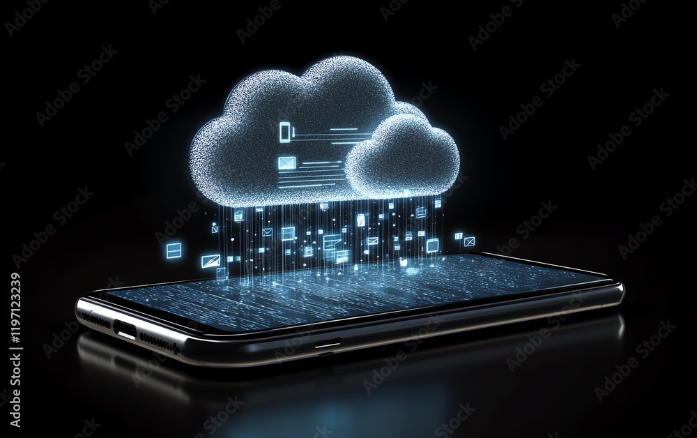 Aufkleber Smartphone with a cloud storage interface, featuring holographic icons representing digital files, cloud databases, and data transfer lines