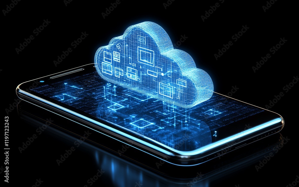 Poster Smartphone with a cloud storage interface, featuring holographic icons representing digital files, cloud databases, and data transfer lines