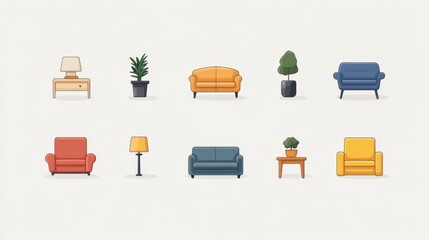 Vector pictogram featuring various simple furniture items like sofas, lamps, and plants, ideal for interior design projects and digital graphics