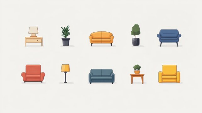 Vector pictogram featuring various simple furniture items like sofas, lamps, and plants, ideal for interior design projects and digital graphics