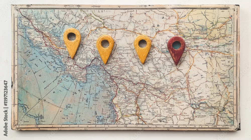 Poster a map with three location markers pinpointing travel destinations, symbolizing adventure and navigat