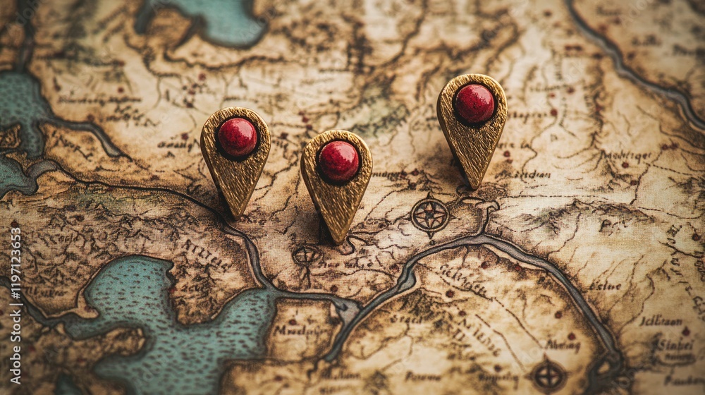Poster a map with three location markers pinpointing travel destinations, symbolizing adventure and navigat