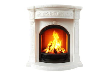 Elegant Fireplace with Burning Fire, White Mantel, Ornate Design, Transparent Background