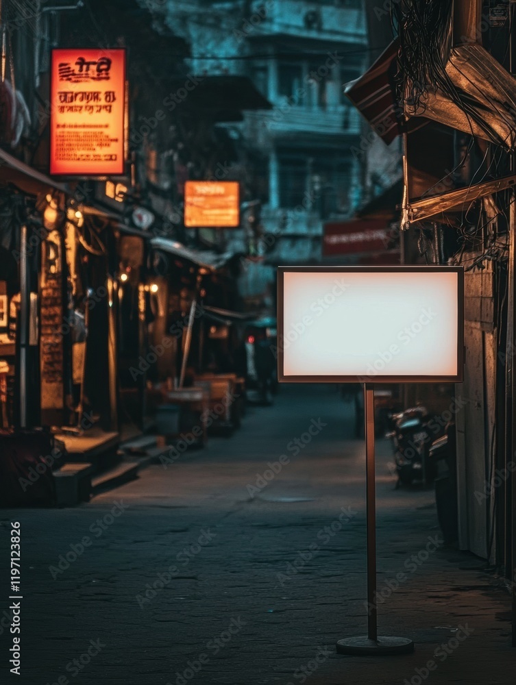 Aufkleber empty street at dusk featuring a blank sign in a narrow alleyway, ideal for text placement. generati