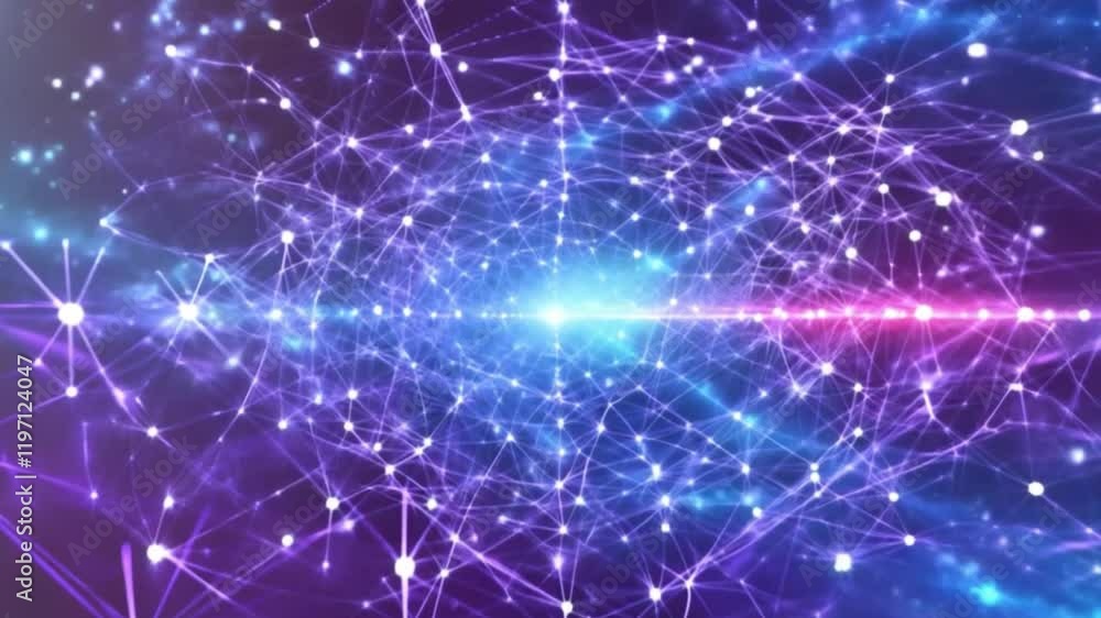Poster abstract network visualization with glowing nodes and connections – cosmic web and neon purple-blue 