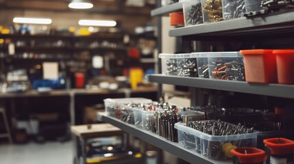 Fototapeta premium Organized Workshop with Tools and Equipment on Shelves