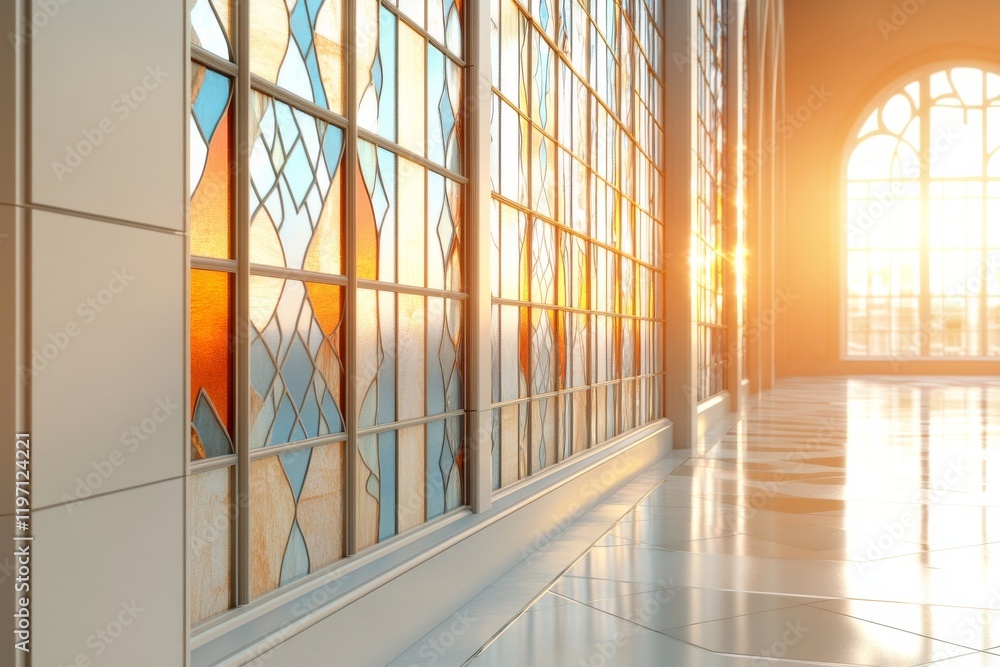 Poster sunlight filtering through stained glass windows in a serene architectural setting at dusk